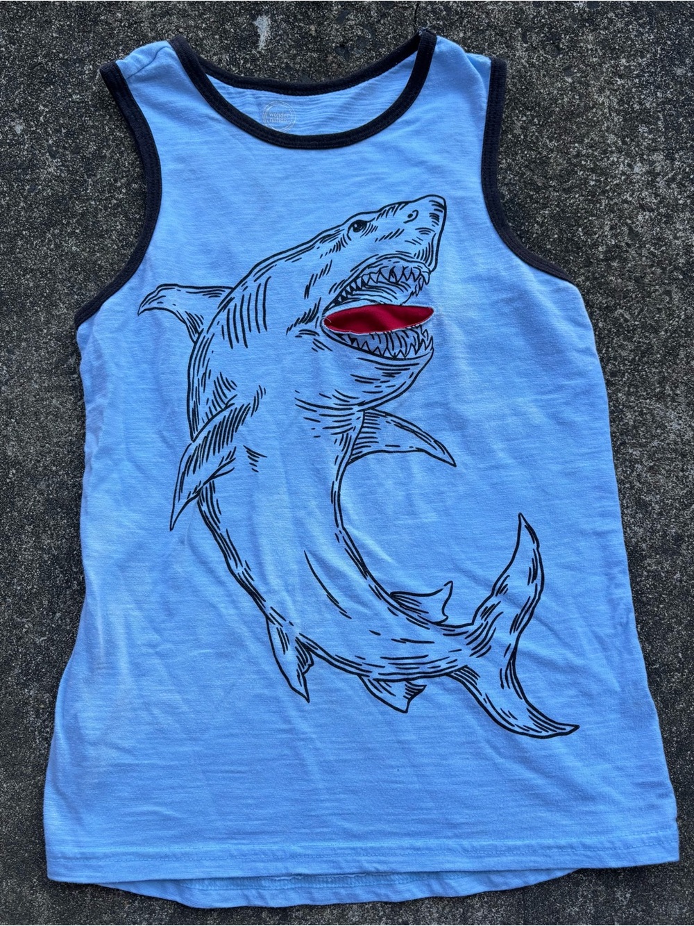 wonder nation Light Blue Tank Top with Shark Graphic and Red Mouth Trim